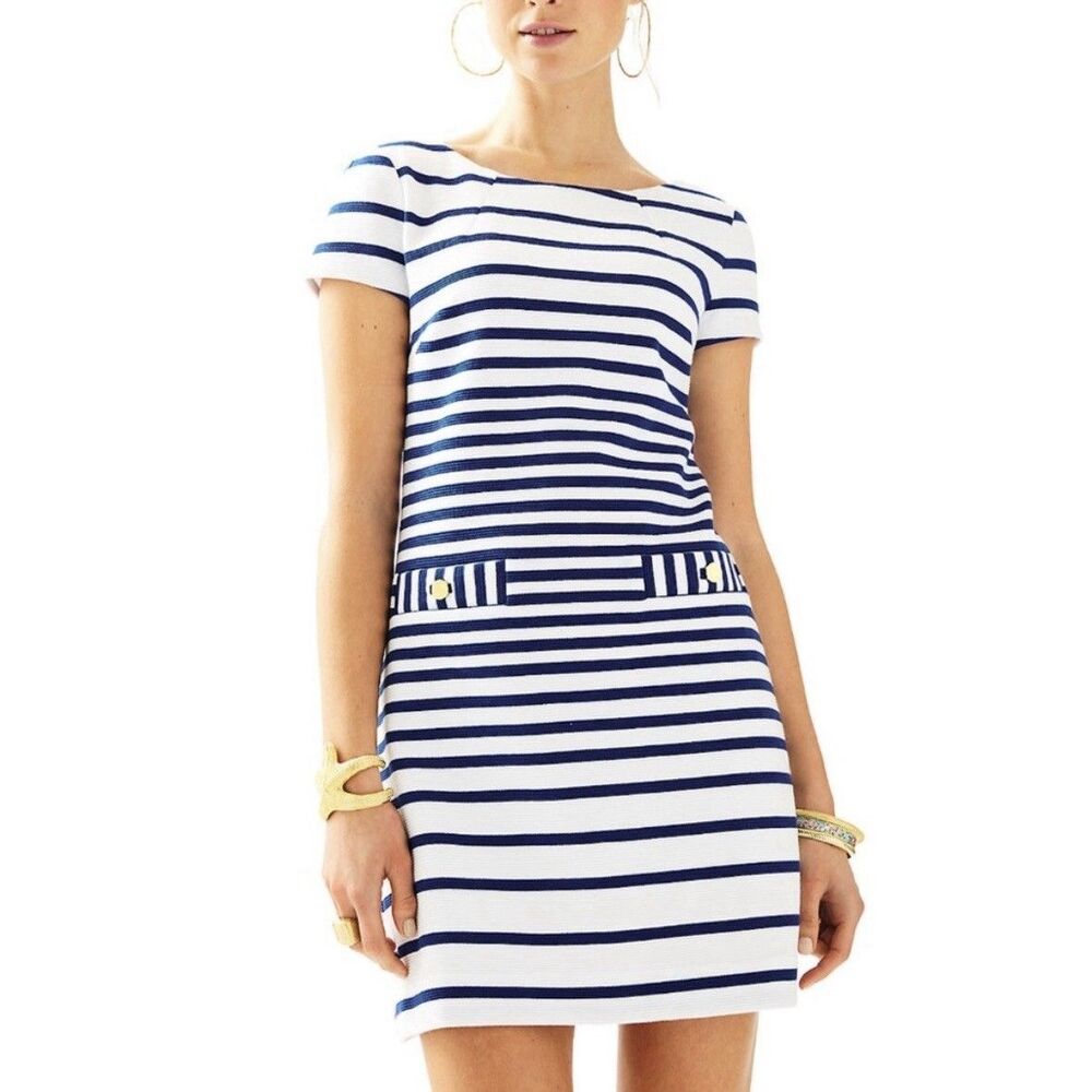 Lilly Pulitzer Layton Shift Dress Women’s Medium Striped Blue White Short Sleeve